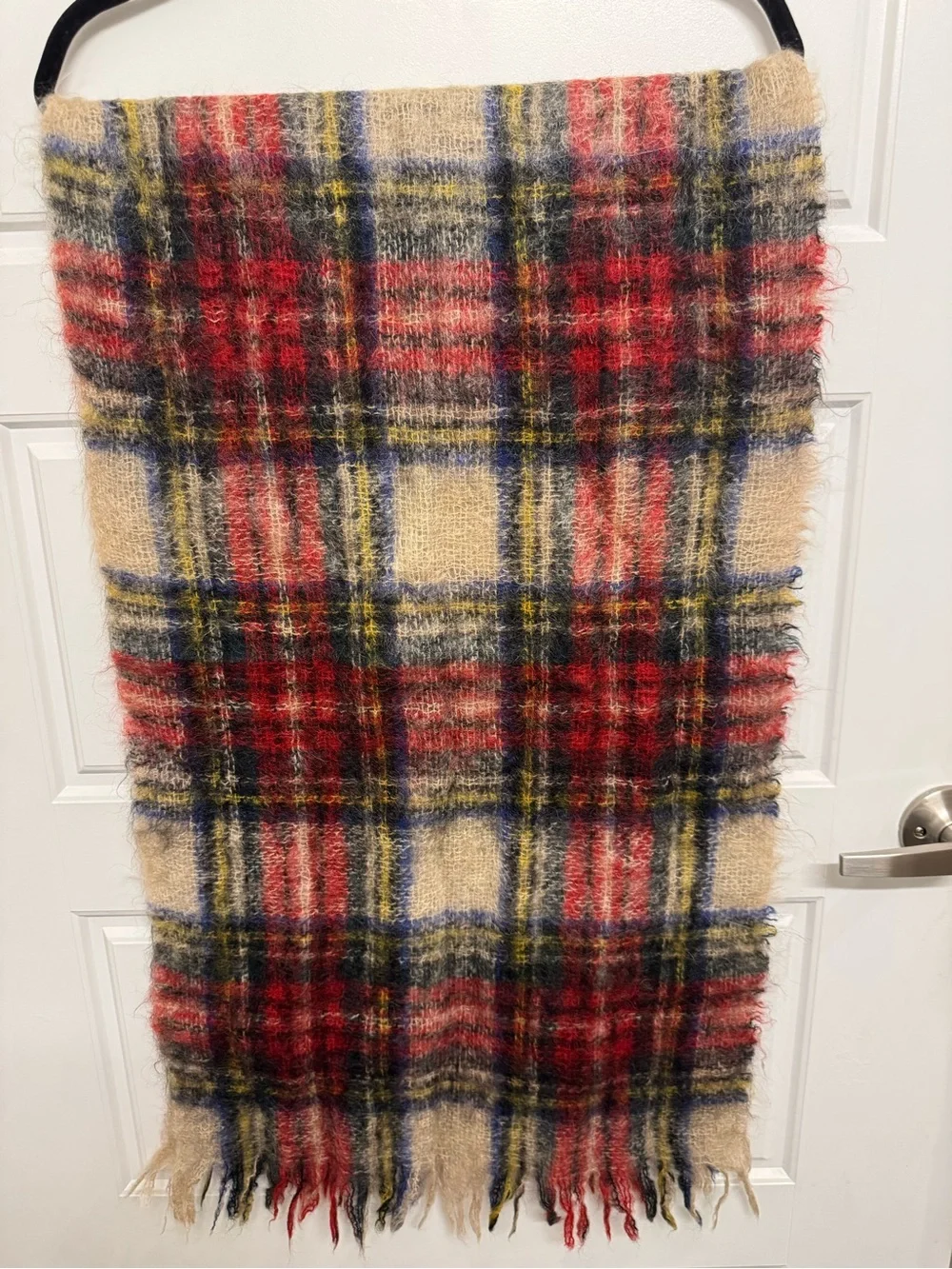 VTG Hand Acraft Scotland Mohair Wool Tartan Plaid Fringe Scarf Fuzzy